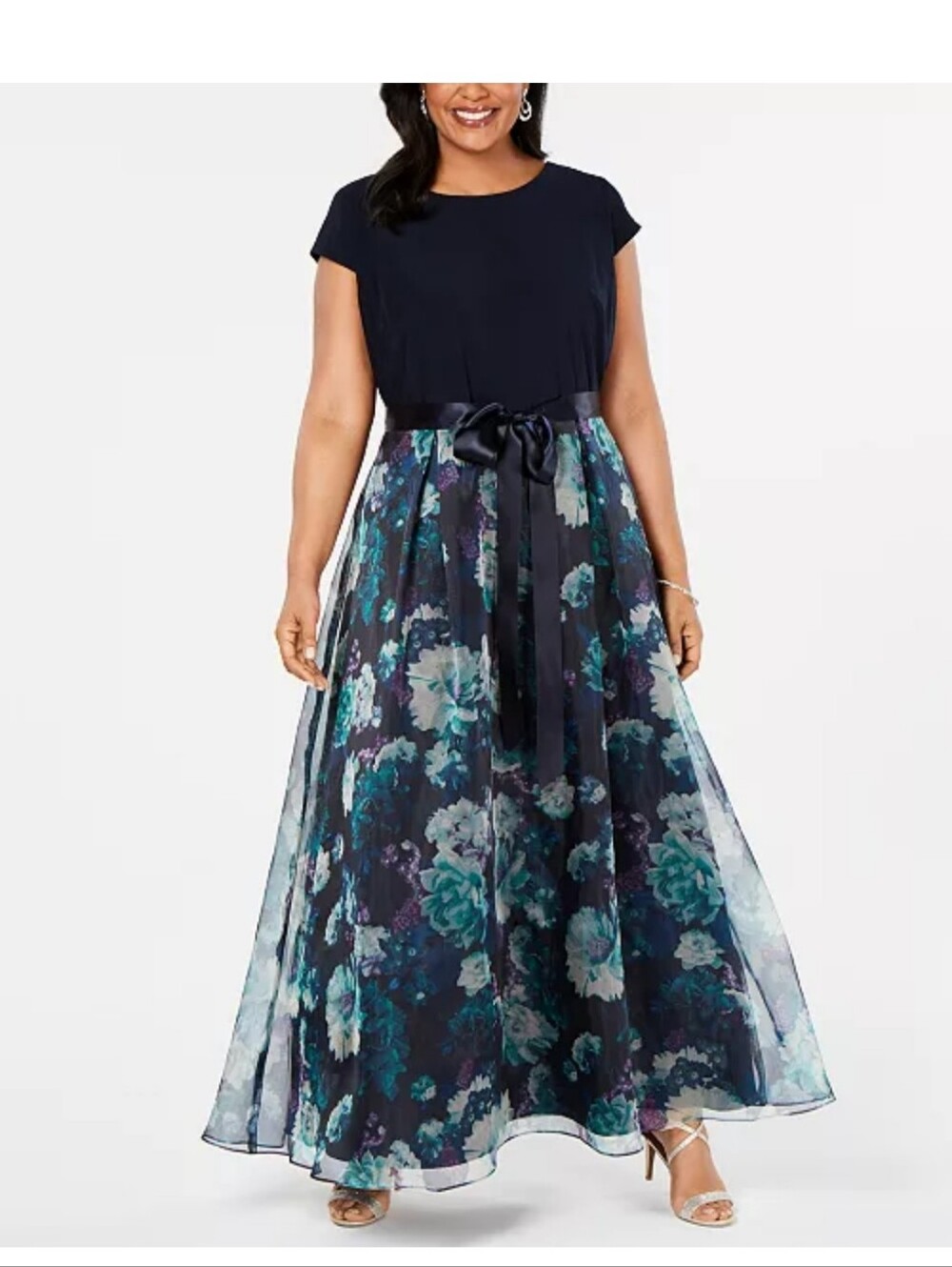 SLNY NWT 20W Navy Floral Chiffon Maxi Dress Plus Size $169 Party Ni Belt